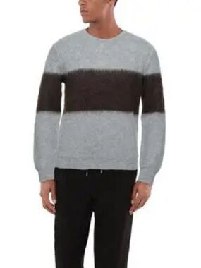 Roda men’s sweater Light Gray Crewneck Dark Brown Chest Stripe wool alpaca M